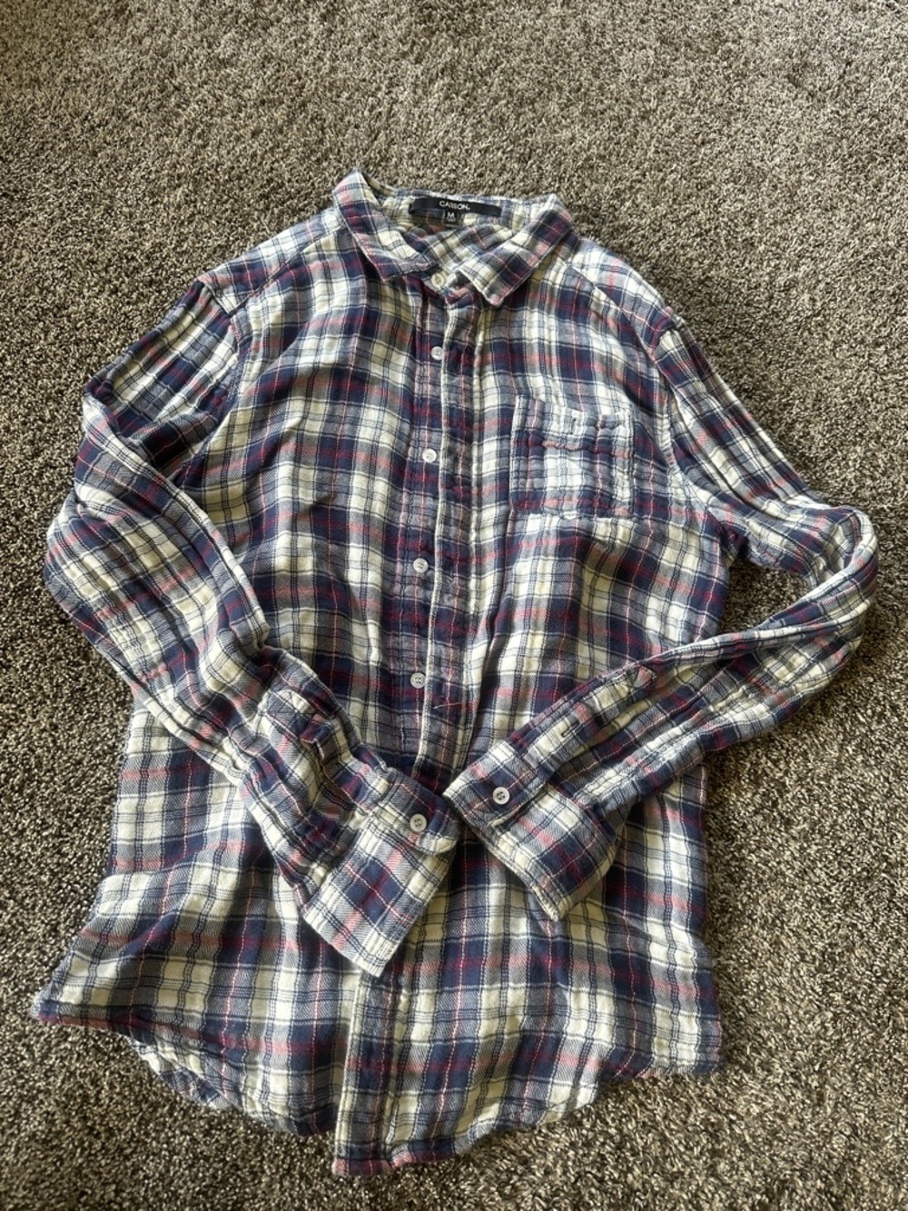 Carbon Plaid Button-Down Shirt in Navy, Red & Cream Unisex Medium Soft Cotton